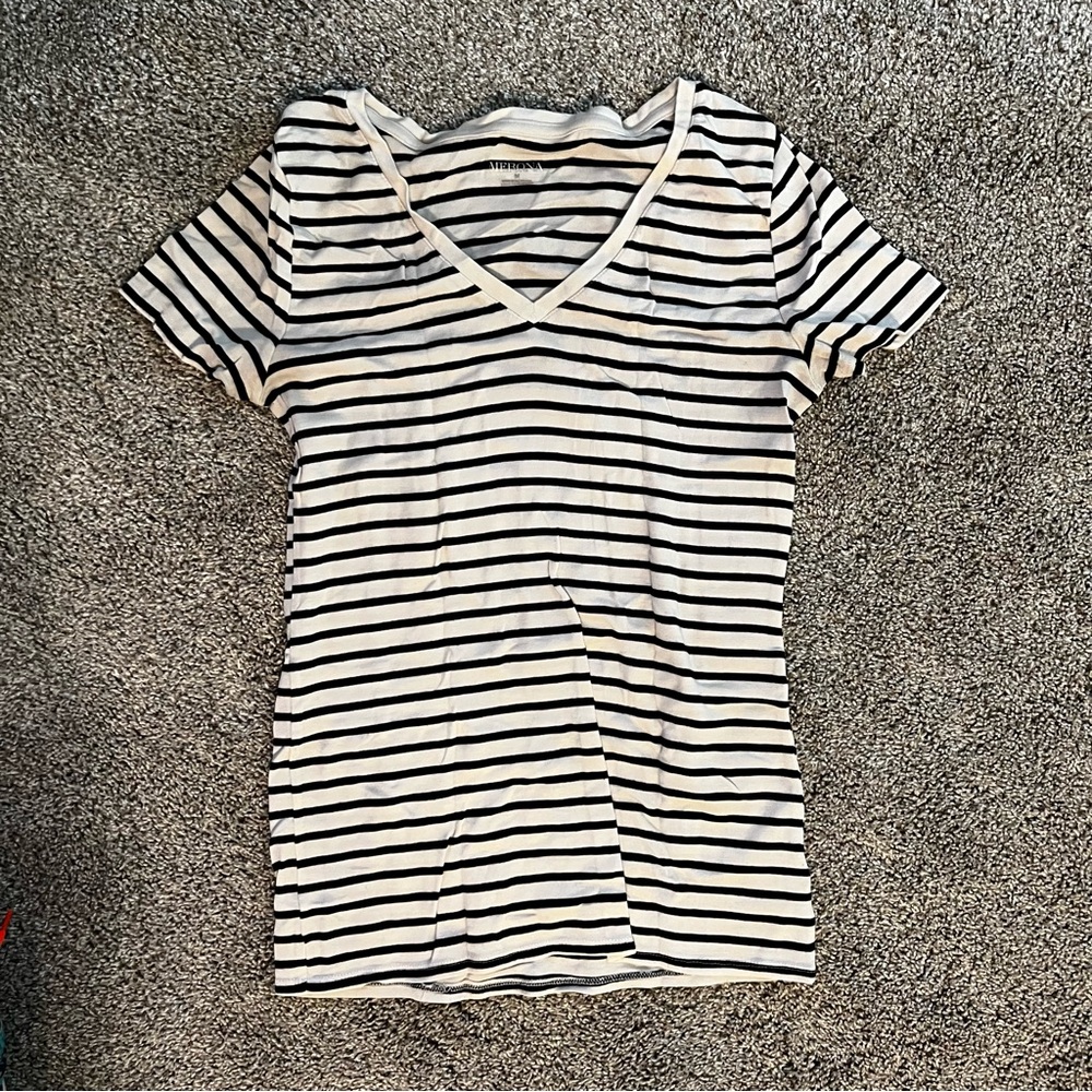 Merona Black and White Striped V-Neck Tee